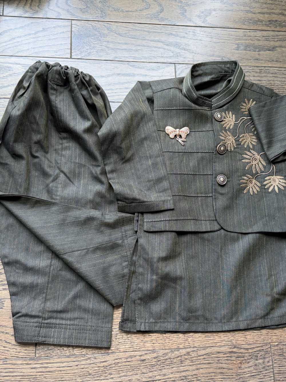 Children's Olive Green Embroidered 3-Piece desi kameeze shalwar Set